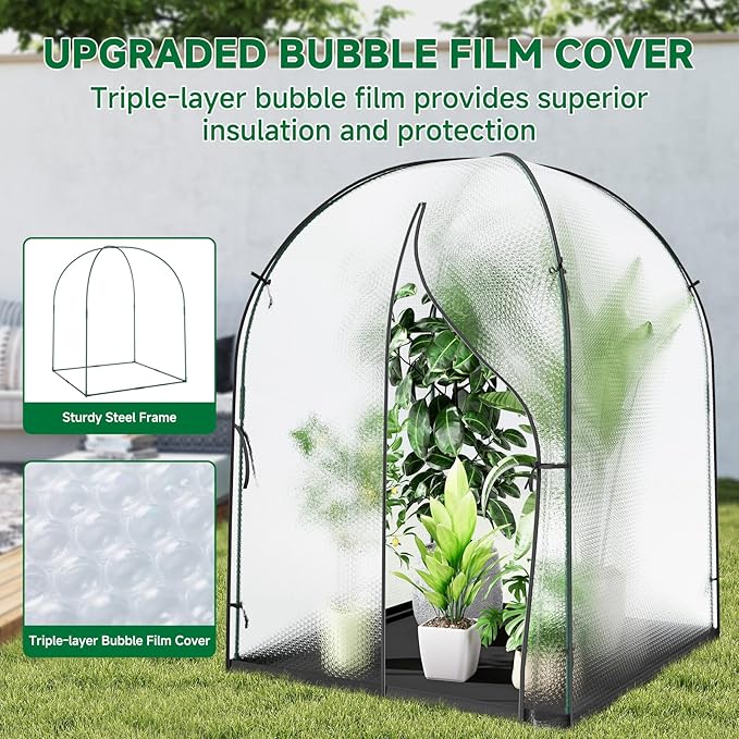 Portable Greenhouse for Outdoors Green House Tent with Thick Bubble Film Cover Ground Mat Zippered Door Walk-in Mini Green House Kit for Outside 47.2x47.2x71 Inch