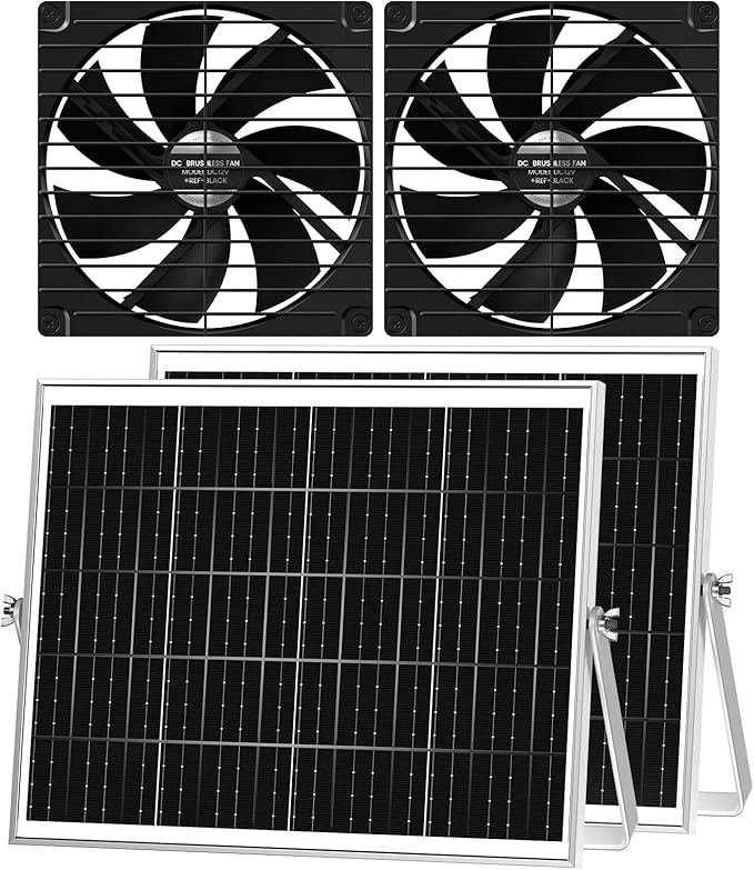 7.1 Solar Greenhouse Fan 2 Pack 25W x 2 Large Solar Powered Intake and Exhaust Fan Outdoor Waterproof 16.5 ft Cord Strong Airflow for Chicken Coop Shed Cabin Circulation and Ventilation