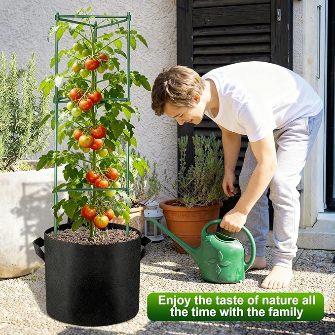 NNG 4 Packs 48 inches Tomato Cages with 10 Gallon Grow BagsGarden Plant Support CagesPlant Tower Stakes Garden Trellis for Climbing PlantsTomato Plant Trellis for Vegetable Fruits Vines (4 Green)