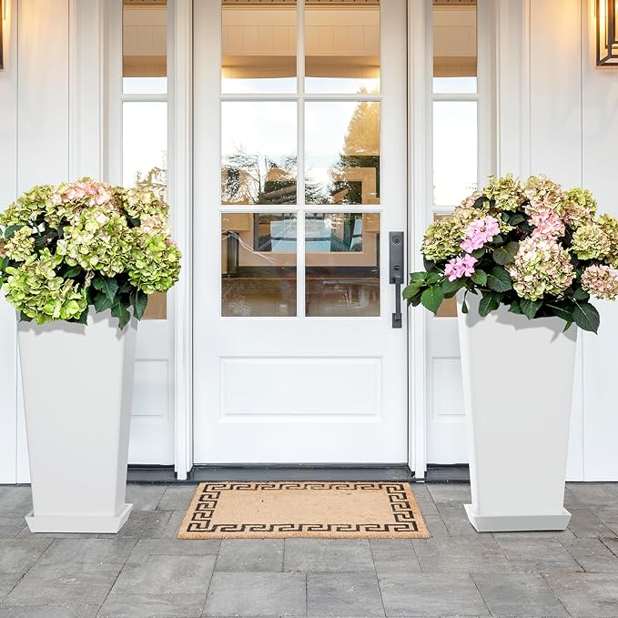 Set of 2 Tall Planters 24 Large Indoor Outdoor Flower Pots with Tray Modern Tapered Planters for Porch Patio Garden Backyard(White)