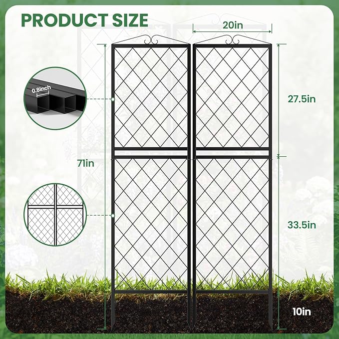 2 Pack 71 Inch Metal Garden Trellis for Climbing Plants Thickened Square Tube Metal Garden Trellis for Vines Plant Rose Vegetable SupportLarge Decorative Outdoor Trellis