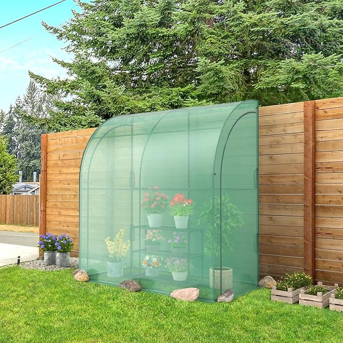 Happygrill Greenhouse Lean to Greenhouse with 3 Tiers Flower Rack Weatherproof PE Cover &amp Roll-up Zipper Doors Greenhouses for Outdoors Garden Backyard Balcony