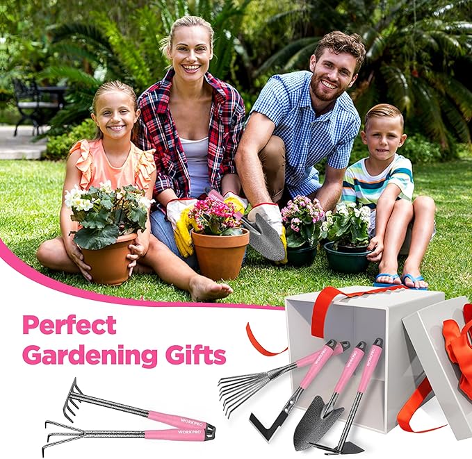 WORKPRO 6-Piece Pink Garden Tool Set Heavy Duty Gardening Hand Tools with Soft Rubber Handle Including Trowel Rakes 2-in-1 Hoe and Crack Weeder Ideal Gardening Gifts for Men and Women