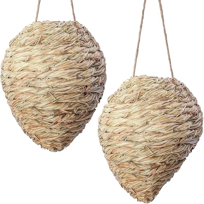 DECOHS 2 Pack Large Woven Reed Wasp Nest Decoy 10 x 7.5 Inch Hanging Fake Wasp Nests Decoration Faux Hornet Nest Wasps Deterrent for Outdoor Garden Yard Patio Eaves