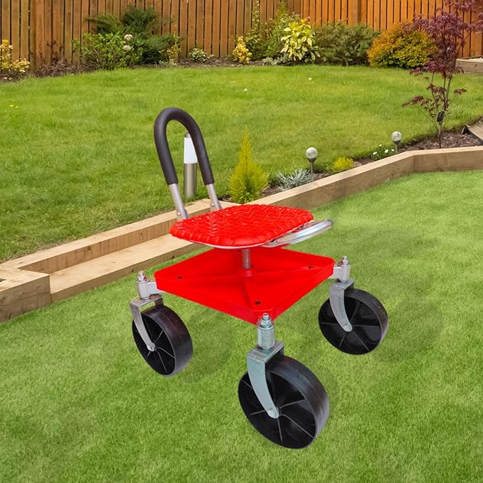 Garden Trolley Rolling Seat Gardening Stool Carbon Steel Frame with Backrest Height Adjustable Garden Chair for Planting Shed red