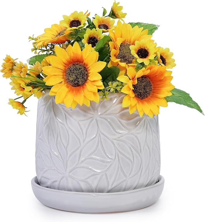 Handmade White Glossy Ceramic Planter Set of 2 6 8 Diameter Leaf Pattern Design for Succulents and Herbs IndoorOutdoor Shelf Table Use Breathable Clay with Saucers