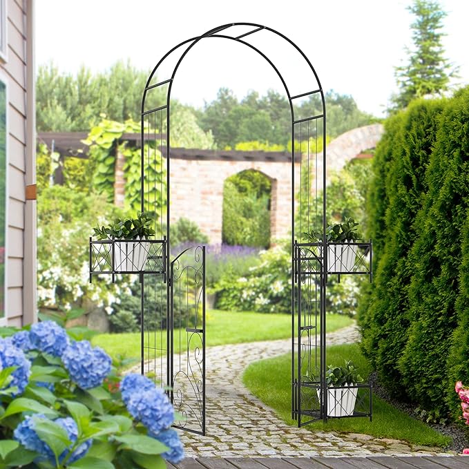 7' Garden Arch Arbor Metal Arch Trwith Gate Garden Archway for Climbing Vines Wedding Ceremony Decoration Black