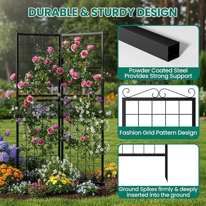 DoCred 2 Pack Garden Trellis for Climbing Plants 71 Inch Metal Plant Trellis for Plant Support Large Decorative Outdoor Trellis for Climbing Vegetable Flower Rose Vine Cucumber Black Square Grid