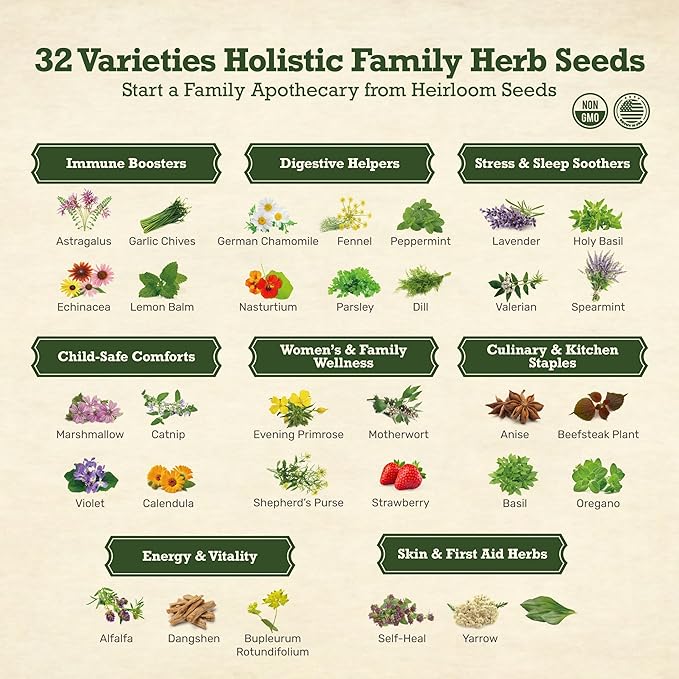 Lush&ampDew Holistic Family Apothecary Seed Chest 30000+ Medicinal Herb Survival Seed Kit Gardening Gifts for Women Men 32 Varieties Heirloom Non-GMO Culinary Herb Seeds for Raised Bed Windowsill
