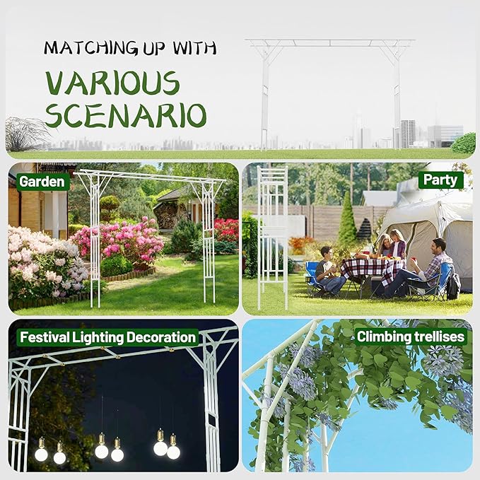 Flat Top Garden Arch Trellis Pergola 11.8 x 9.02 FT Large Metal Arbor for Climbing Plants Plastic-Coated Galvanized Steel Frame Outdoor Decorative Arch for Garden Backyard Lawn (White)