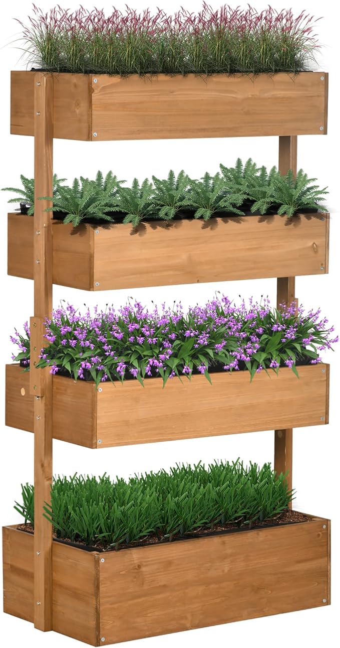 Vertical Garden Planter Wooden 4 Tier Planter Box Self Draining with Non Woven Fabric for Outdoor Flowers Vegetables and Herbs Orange