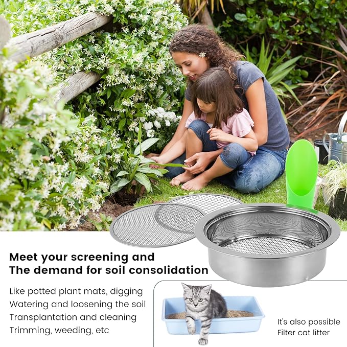 Soil Sifter Soil Sieve Sifter Set Stainless SteelGarden Sieve Set with 5 Interchangeable Mesh 1/3/6/9/12mm with Soil Scoops Gardening Tool Sifting Screen for Dirt Sand Rock Filtration Compost