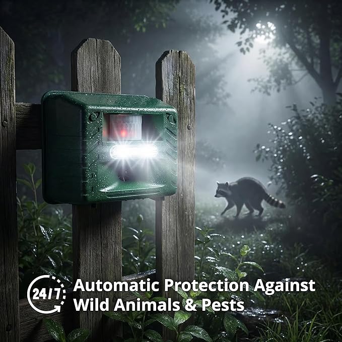 Aspectek Yard Sentinel Ultrasonic Repeller for Deer Raccoons Squirrel Bird Outdoor Animal Repellent for Yard Garden Farm Patio Waterproof Adjustable Motion Sensor Nighttime Strobe Light