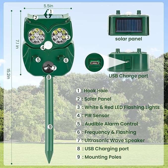 2 Pack Ultrasonic Animal Repellent Outdoor Deer Repellent Outdoor Solar Deer Repllent Devices Animal Deterrent Scare Raccoon Cat Rabbit Dog