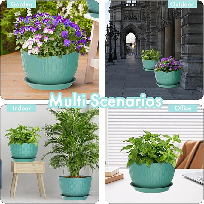 12 Inch Large Plant Pots for Indoor or Outdoor Plants Wide Water Ripples Flower Pots with Drainage Holes &amp Saucer Plastic Planters Set for Garden &amp Home Decor (Blue Green)