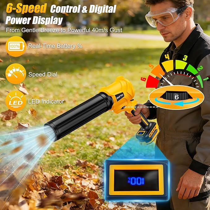 180° Rotatable Cordless Leaf Blower Compatible for DeWalt 20V Battery(Not Included) 90 MPH 6-Speed Handheld Blower with LED &amp Power Indicator Extended Nozzle for Lawn Garage Car Cleaning