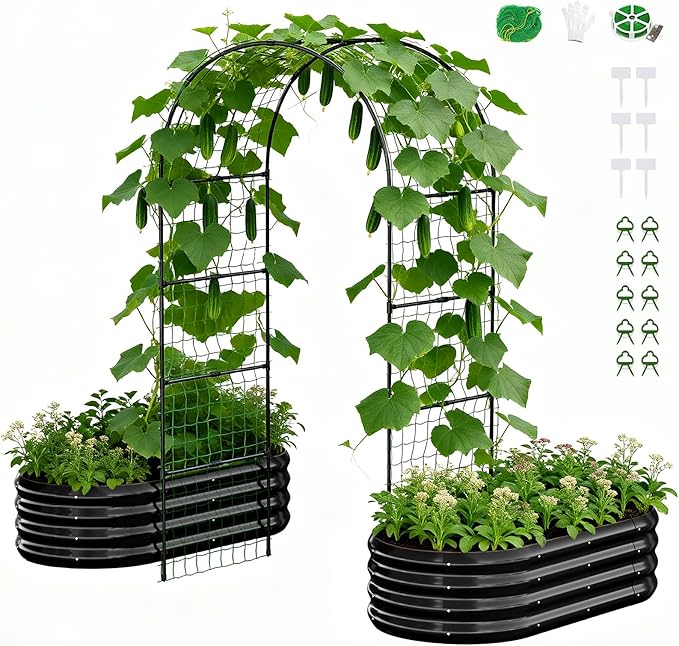 DoCred 3 in 1 Raised Garden Bed with 87in Tall Arch Trellis for Climbing Plants Galvanized Planter Garden Box Outdoor for Gardening Climbing Vegetables Flower Black
