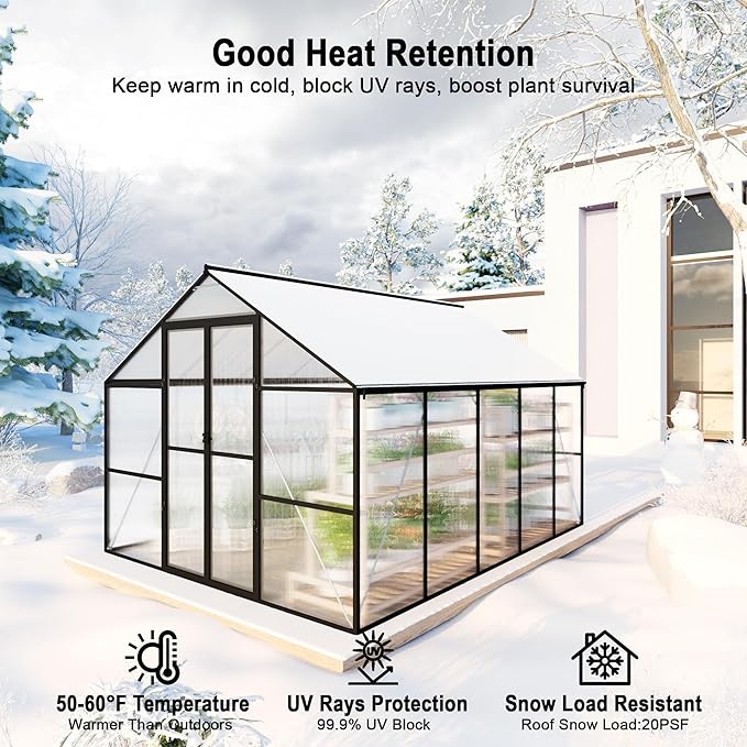 8X10 FT Greenhouses for Outdoors Aluminum Large Polycarbonate Greenhouse Quick Setup Walk in Green House with Roof Vent and Swing Lockable Door for Outside Black (119 W x 96 D x 77 H)