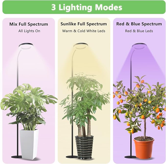 Grow Light for Indoor Plants Full Spectrum LED Halo Plant Lights with Stand Floor Standing Growing Lamp with Adjustable HeightAuto Timer for Tall Large Plant (20W-Black)
