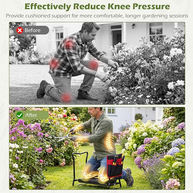 Goplus Garden Kneeler and Seat Heavy-Duty Garden Bench w/Large Tool Pouch Widen EVA Foam Kneeling Pad Portable Gardening Helper for Women Men Seniors Foldable Garden Stool for Kneeling &amp Sitti