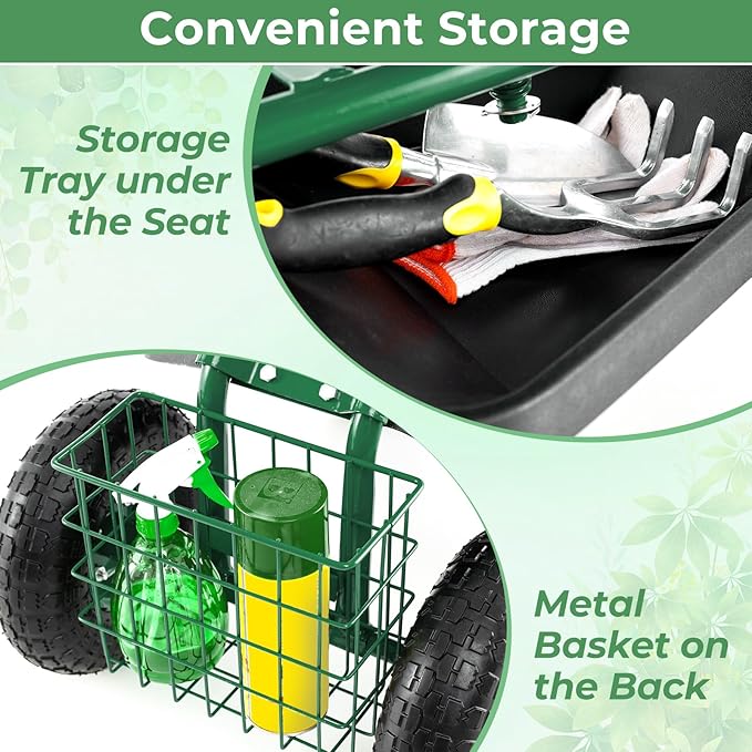 DORTALA 4-Wheel Rolling Garden Cart Work Seat with 360 Swivel &amp Height Adjustable Seat Heavy Duty Planting Cart with Storage Basket Green