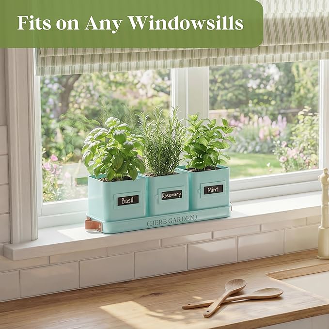 PERFNIQUE Indoor Herb Garden Herb Planter Set with Tray Farmhouse Indoor Plant Pots Windowsill Herb Garden with Drainage(Planter only) for Indoor/Outdoor Window Pots (Mint)