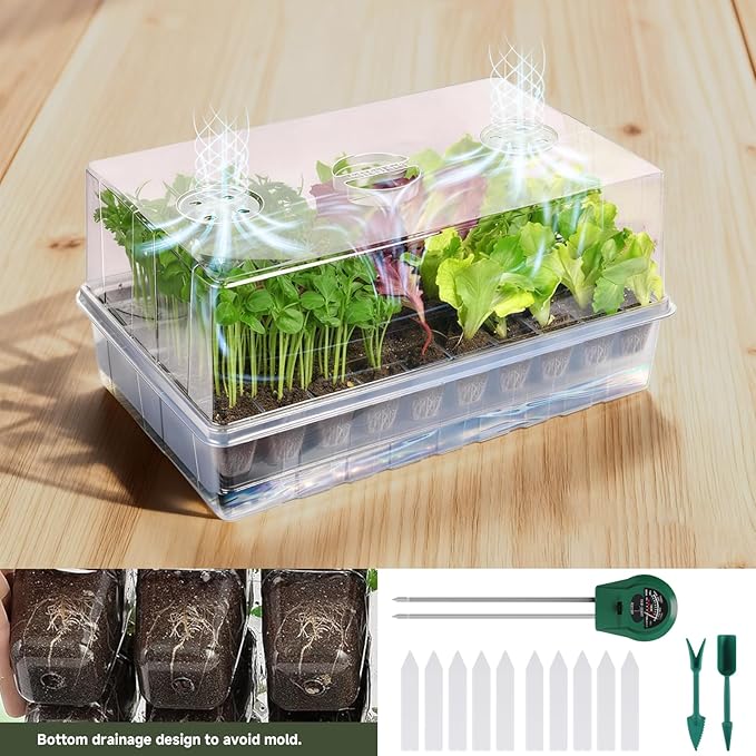 Self-Watering Seed Starter Tray Seed Starter Kit Self Water Germination Trays for Seed Starting with High Humidity Domes (Tray 120 Cells)