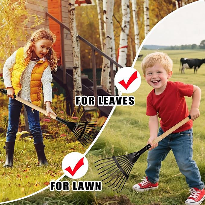 Kids Rake and Shovel Set 2Pcs Garden Tools Metal Head with Wooden Handle Great Gardening Gifts for Boys Girls Age 3 and Up