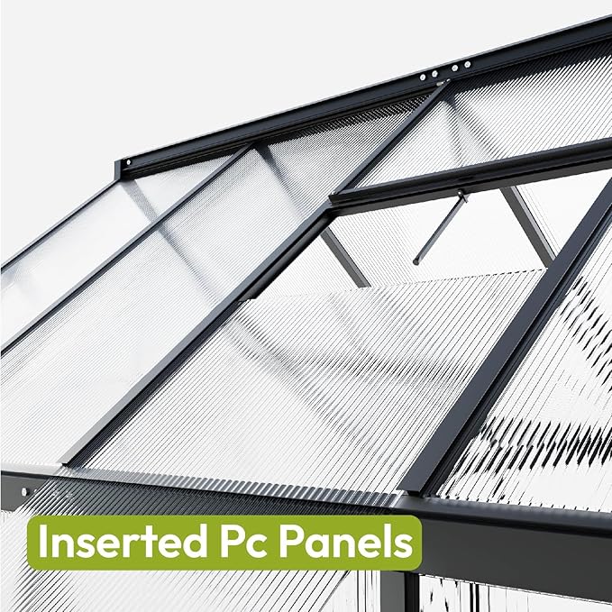 VIWAT 6x7.5 FT Greenhouse for Outdoors Polycarbonate Greenhouse with Quick Setup Structure and Roof Vent Aluminum Large Walk-in Green House for Outside Garden Backyard Black