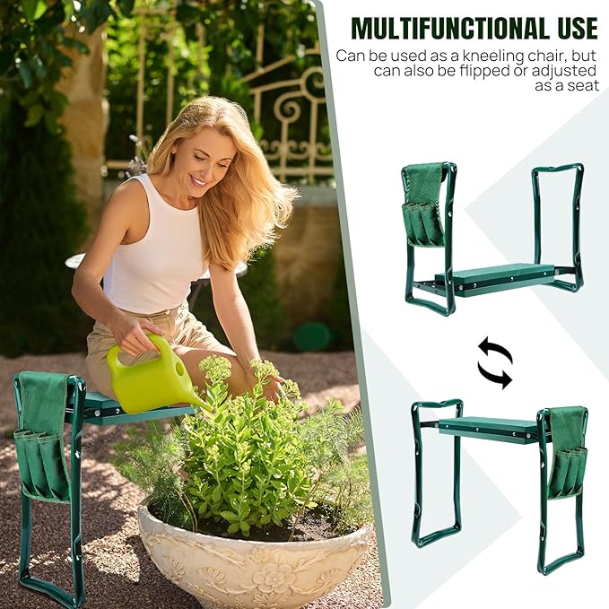 Folding Garden Kneeler Seat with Handles and 3 Tool Bag Anti-Tipping Gardener Stool Widened Thick EVA Soft Foam Kneeling Pad Portable Lightweight Gardening Kneeler Stool for Garden