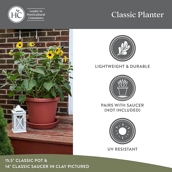 The HC Companies Classic Round Plastic Plant Pot w/Rolled Rim - Lightweight &amp UV Resistant Flower Pot for Herbs &amp More - Outdoor &amp Indoor Plant Pots w/Drainage (14 inch Black Pack of 1)