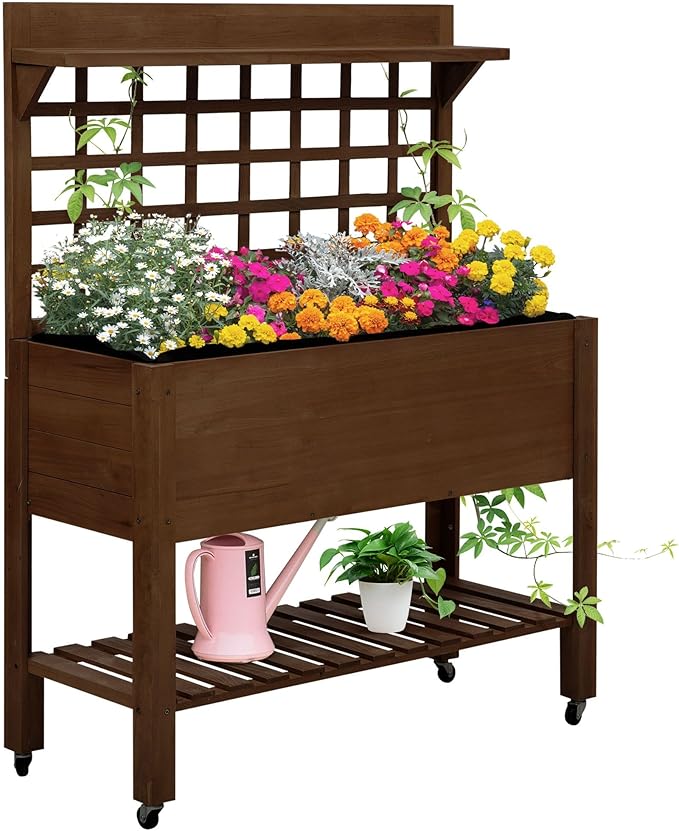 5ftx2ft Eco-Friendly Heavy-Duty Premium Durable Sustainable Natural Wooden Elevated Garden Bed with Wheels Trellis Storage Shelf Dark Brown