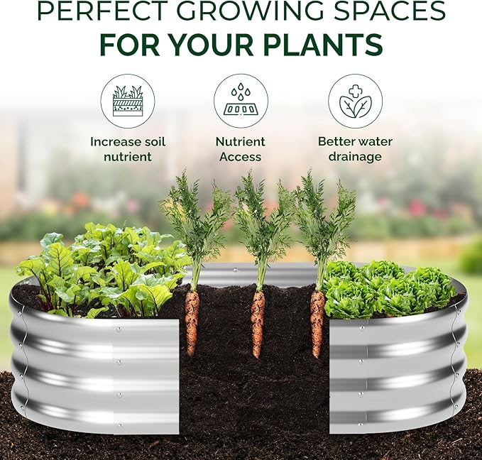 IDZO Large Oval Metal Raised Garden Bed Kit Durable Silver Galvanized Raised Garden Bed Outdoor for Vegetables Herbs Flower Easy to Install with Included Tools 4x2x1 Feet