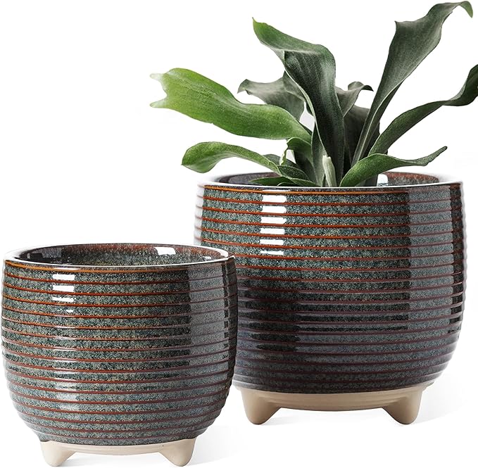 LE TAUCI Ceramic Plant Pots 5.1 + 6.4 Inch Footed Pots for Plants Modern Flower Pots for Home and Office Indoor Planters with Drainage Reactive Glaze Black