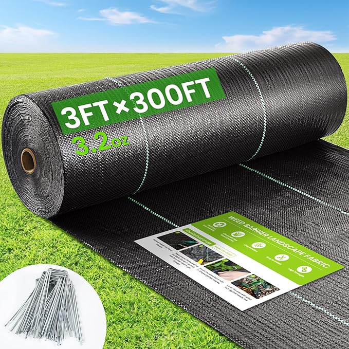 Weed Barrier Fabric 3x300ft Landscape Fabric 3.2oz Heavy Duty Durable Woven Geotextile Fabric High Permeability Ground Cover Mat Driveway Fabric Garden Weed Control Cloth with 20 U-Securing Pegs
