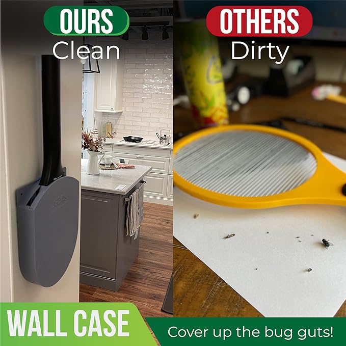 Electric Fly Swatter Racket Electric Mosquito Swatter Bug Zapper Racket Electric Fly Bat with Patented Wall Case Gray Black (2 Pack)