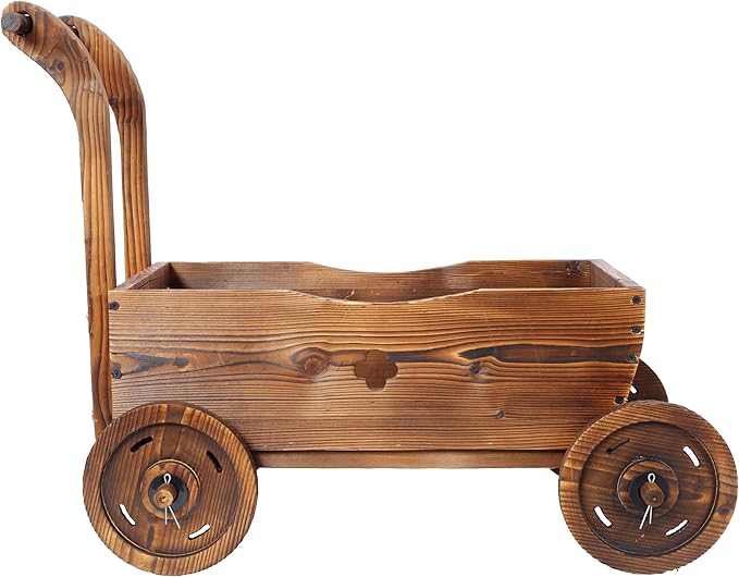 Wooden Wagon Planter Box Mobile Garden Planter with 4 Wheels Handle Drain Hole Decorative Flower Planter for Indoor Outdoor Decor Wooden Flower Cart for Patio Garden Balcony Brown