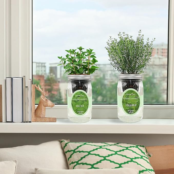 2-Pack Hydroponic Mason Jar Herb Garden Kit Indoor Herb Garden Self-Watering Starter Kit New Christmas Gift for Mom (MintThyme)