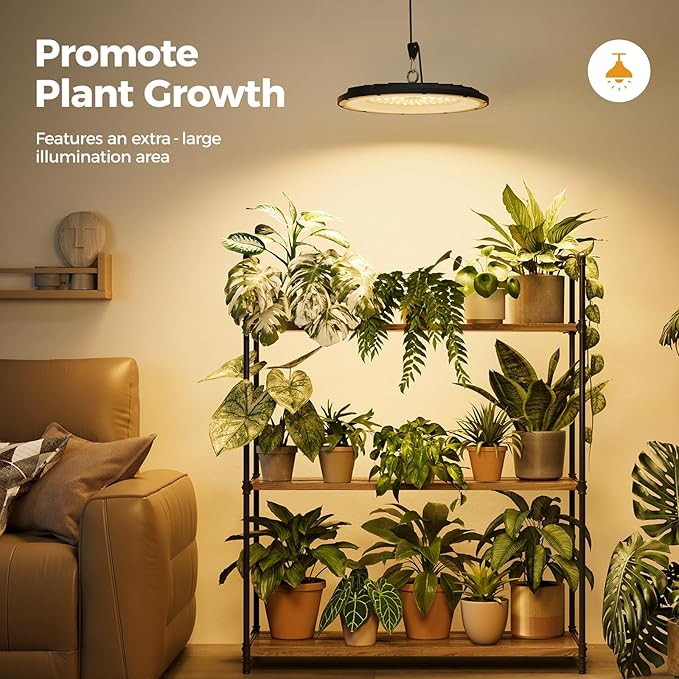 Bamworld Hanging Grow Light for Indoor Plants Full Spectrum 10 Dimmable Levels LED Grow Light Height Adjustable Long Cord Timer Garden Greenhouse Flowers Large Tall Plant Black