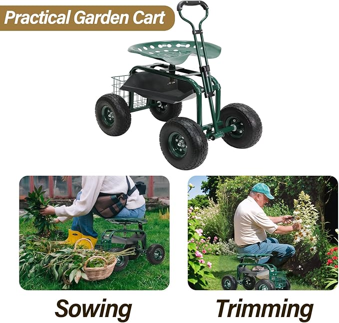 BESTHLS Garden Cart with Seat on Wheels Rolling Gardening Stool with Wheels Heavy Duty for Planting with 360 Degree Swivel Seat Steering Handle &amp Utility Tool Tray