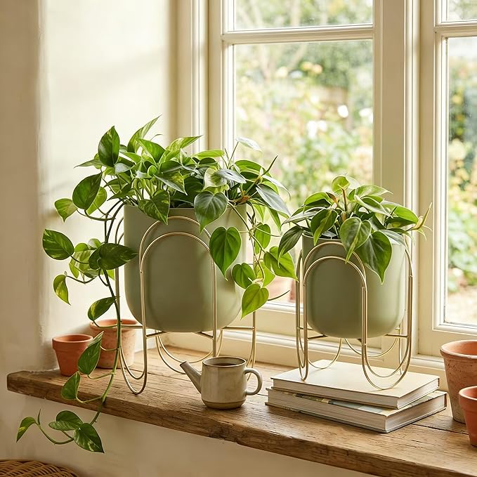 JHY DESIGN Set of 2 Planters with Stand Indoor Outdoor Metal Plant Stand 11.5/8 H Modern Planters Flower Pots for Living Room Corner Kitchen Office Garden Balcony Patio Decor(Green)