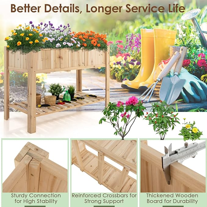 S AFSTAR 47x23x35in Raised Garden Bed Wooden Elevated Planter Box with Solid Legs Storage Shelf Planter Liner Outdoor Standing Planter Bed for Growing Vegetables Flowers Herbs Garden Yard Patio