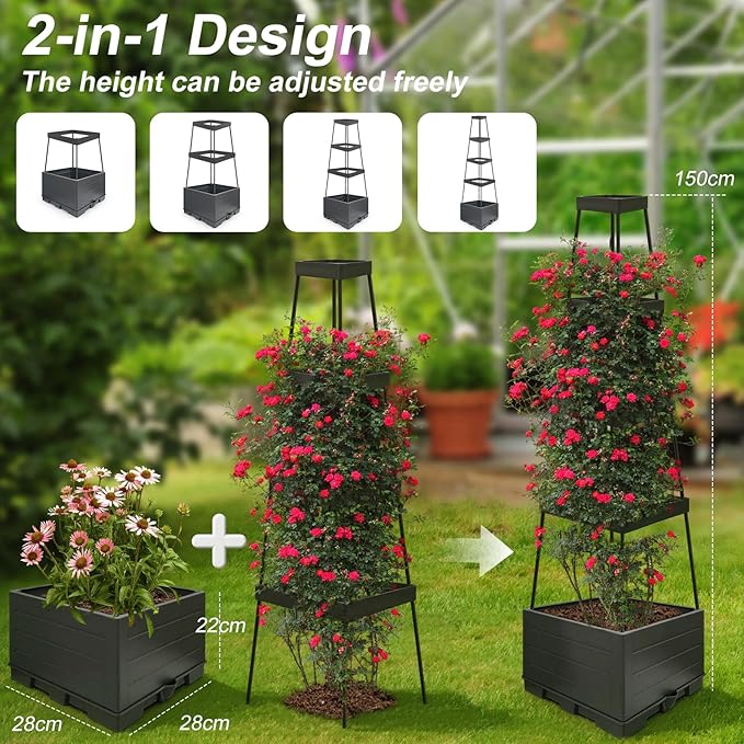 2Pack Raised Garden Bed Tomato Planter Box with Trellis Outdoor Tomato Cage Trellis for Garden Climbing Plants Outdoor Indoor 57 Self Watering Raised Beds for Gardening Tomatoes Vegetable Growing