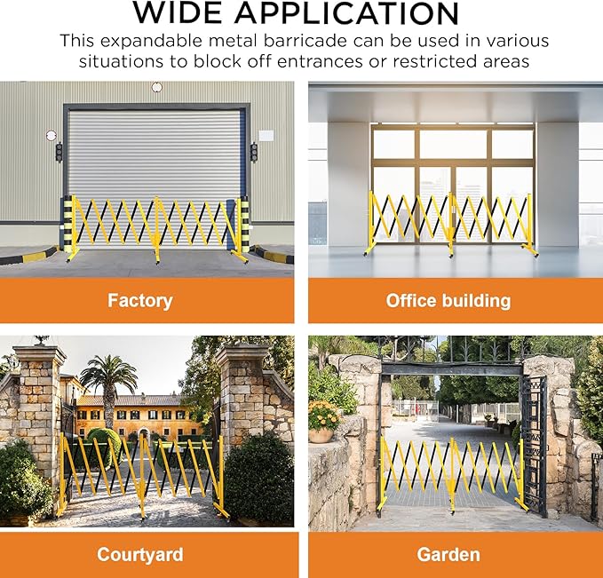 TECSPACE Industrial Expandable Metal Barricade Expansion Size 16.4 FT Yellow and BlackDurable Steel Safety Barricade with casters Flexible Mobile Barrier Gate Adjustable Traffic Fence