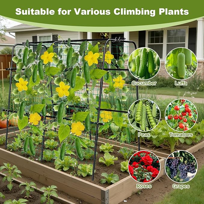 Cucumber Trellis for Raised Bed 63 Inch A-Frame Garden Trellis for Climbing Plants Outdoor Vine Trellis with Net Plant Support for Tomato Vegetables Flower (63 L×15.8 W×63 H-Large)