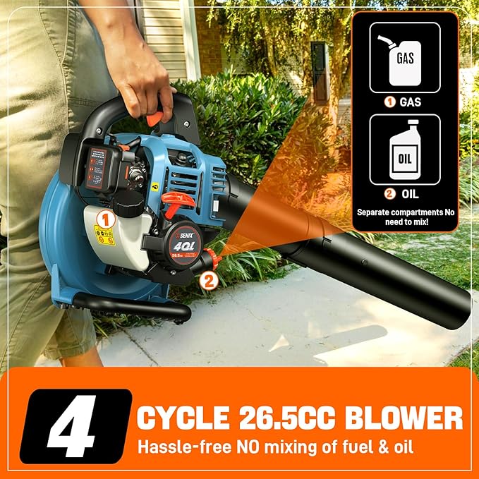 SENIX 4QL 26.5 cc 4-Cycle Handheld Gas Powered Leaf Blower for Lawn Care Clean Up Up to 410 CFM and 125 MPH Light Weight Dual Grip Handle BL4QL-L Blue