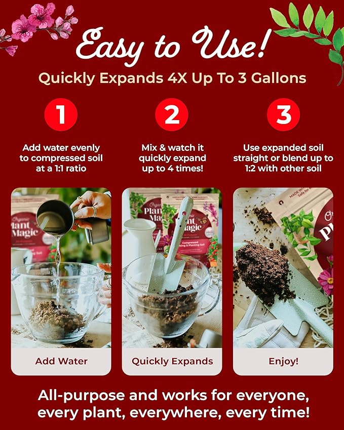 Compressed Organic Potting Soil for Garden Plants &amp Vegetables - Expands 4x When Mixed with Water - Indoor or Outdoor Use - Plant Food Mix Derived from Natural Coconut Coir &amp Worm Castings Fe