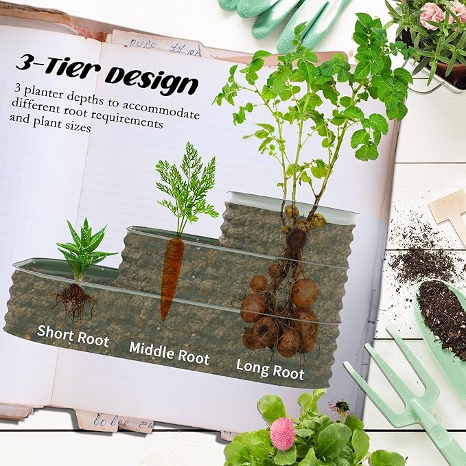 3-Tier Galvanized Steel Raised Garden Bed Kit 62.25 x 43 x 32.25 3 Combining Planter Boxes with Rubber Strip Edging Open Bottom for Backyard Garden Patio Green
