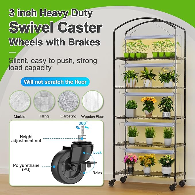 Abimars 5-Tier Greenhouse with Grow Light Shelf Height Adjustable Metal Plant Shelf with PVC Cover and Wheels Includes 5-Pack 2900K Full Spectrum Plant Lights 13x29x73inch