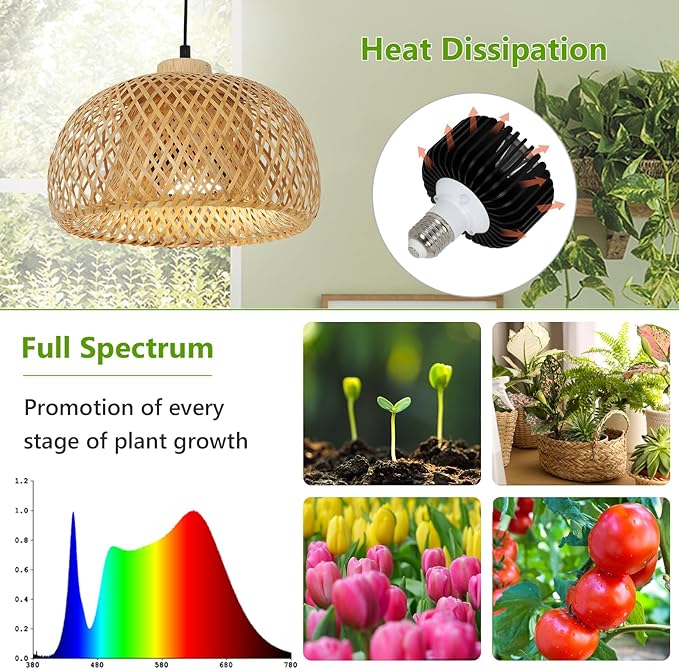 HMVPL Hanging Grow Lights for Indoor Plants Full Spectrum Boho Plant Lights for Indoor Growing with 20W COB Grow Light Bulb Bamboo Wall Mounted Grow Light with Swing Arm Timer for Large Small Plant